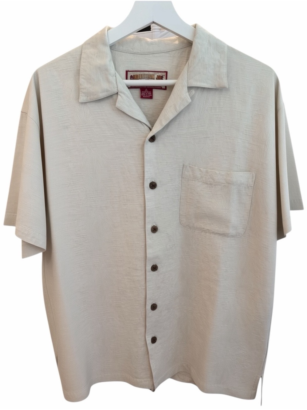 Caribbean Joe Mens Short Sleeve Hawaiian Ivory Polo Shirt Size Medium